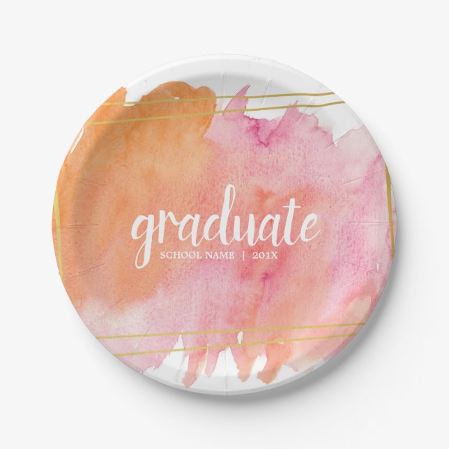 Pink Watercolor with Gold Graduation Party Plates (Front)