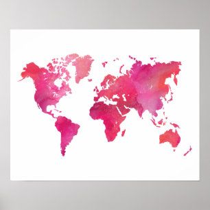 Pink Watercolor World Map Poster