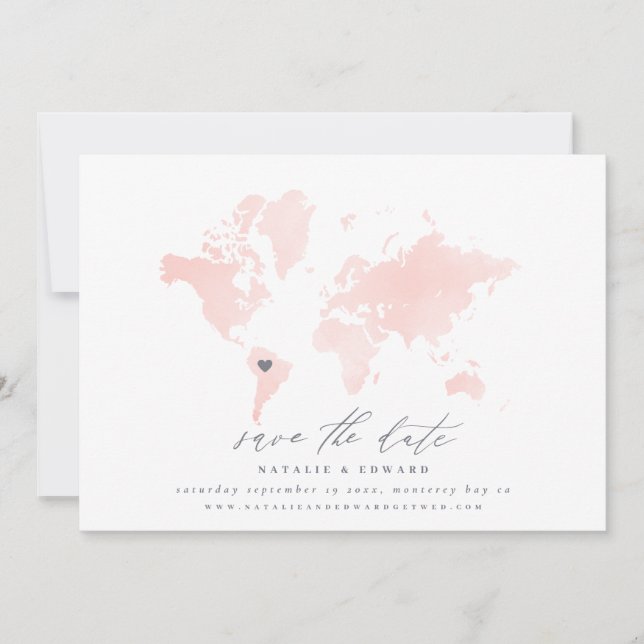 Pink watercolor world map wedding announcement (Front)