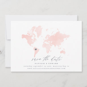 Pink watercolor world map wedding announcement