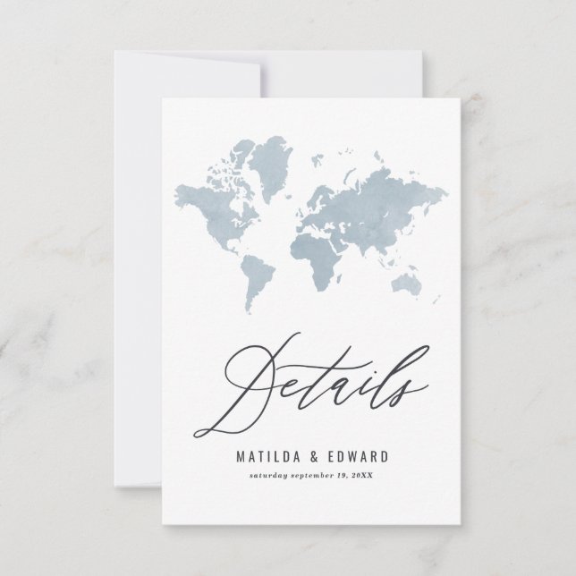 Pink watercolor world map wedding details RSVP card (Front)