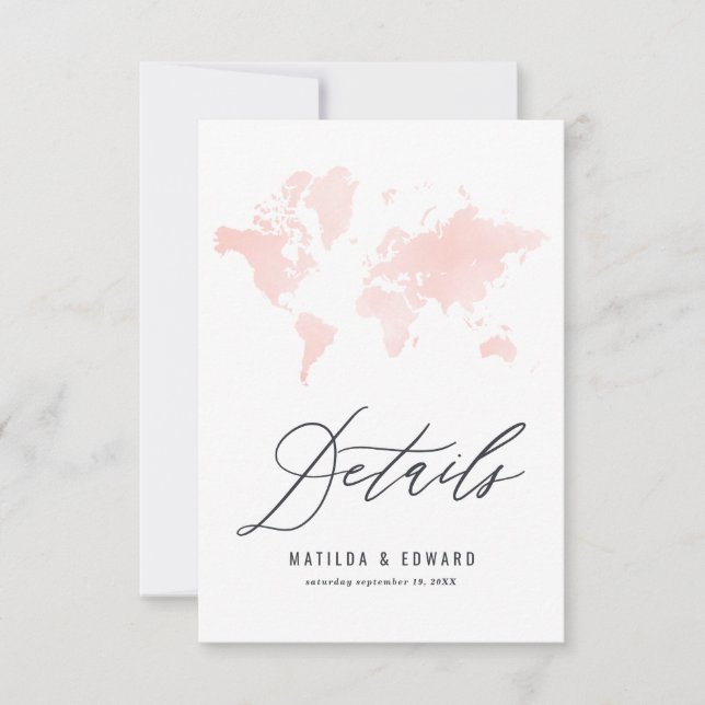 Pink watercolor world map wedding details RSVP card (Front)