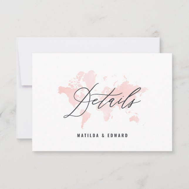 Pink watercolor world map wedding details RSVP card (Front)