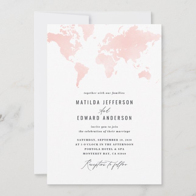 Pink watercolor world map wedding travel (Front)