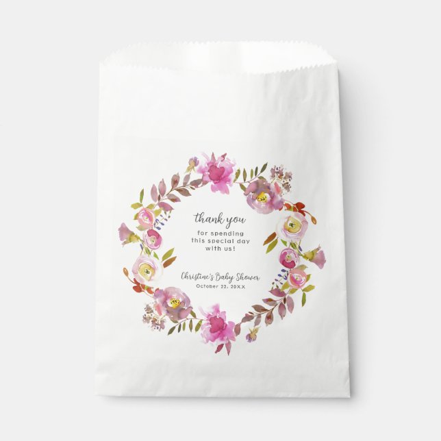 Pink Watercolor Wreath girl baby shower Favour Bags (Front)