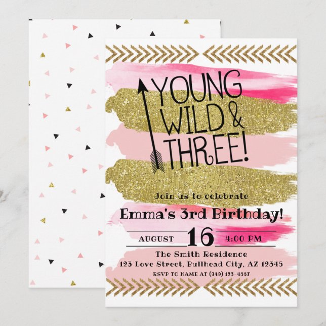 Pink Watercolor Young Wild & Three 3rd Birthday Invitation (Front/Back)