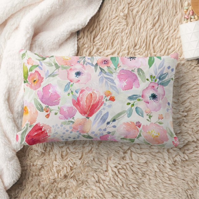 Pink watercolored florals white lumbar cushion (Blanket)