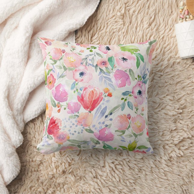 Pink watercolored flowers white cushion (Blanket)