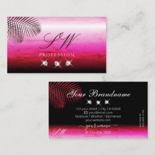 Pink Watercolors Palm Leaves Diamonds and Monogram Business Card