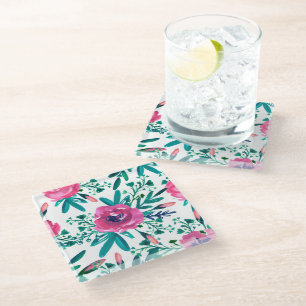 Pink Watercolors Roses Glass Coaster