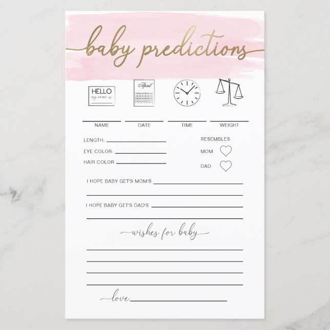 Pink Watercolour Baby Predictions Game (Front)