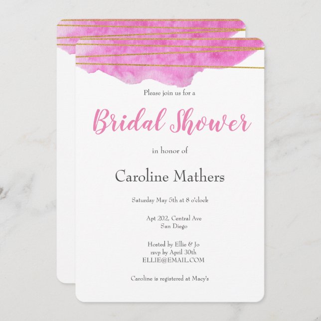Pink Watercolour Bridal Shower Invitation (Front/Back)
