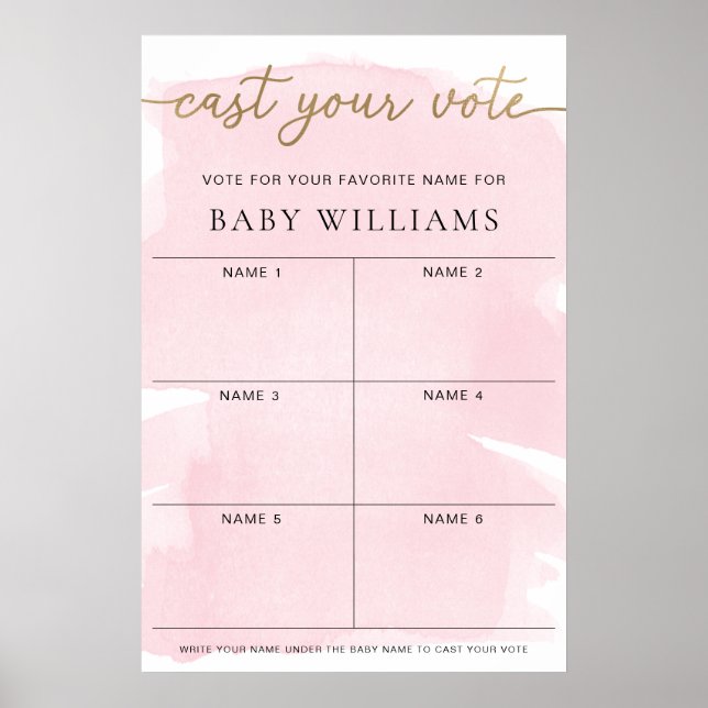 Pink Watercolour Cast Your Vote Baby Name Voting Poster (Front)