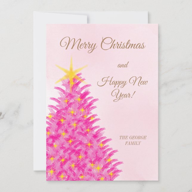 Pink Watercolour Christmas Tree Holiday Card (Front)