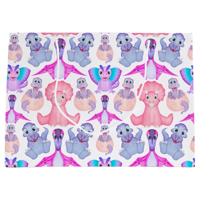 Pink Watercolour Dinosaur Birthday Baby Shower Large Gift Bag (Front)