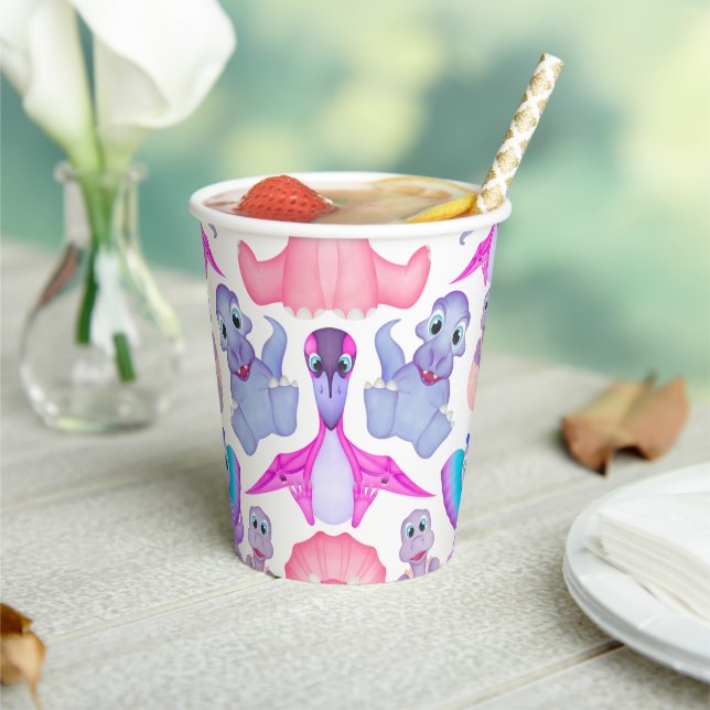 Pink Watercolour Dinosaur Birthday Baby Shower Paper Cups (Insitu)