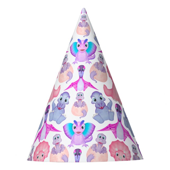 Pink Watercolour Dinosaur Birthday Baby Shower Party Hat (Front)