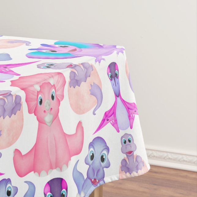 Pink Watercolour Dinosaur Birthday Baby Shower Tablecloth (In Situ)