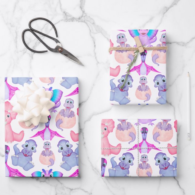 Pink Watercolour Dinosaur Birthday Baby Shower Wrapping Paper Sheet (Front)