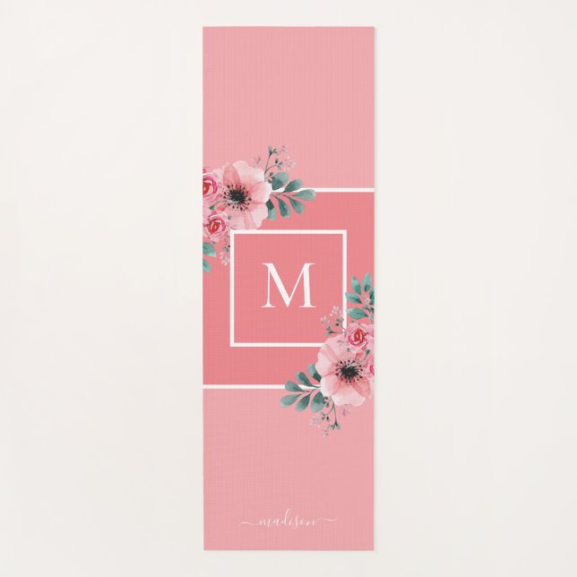 Pink | Watercolour Flowers Monogram Yoga Mat (Front)
