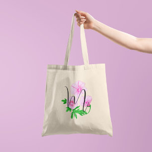 Pink watercolour flowers with your initial 1 side tote bag