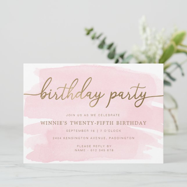 Pink Watercolour Gold Birthday Party Invitation (Standing Front)
