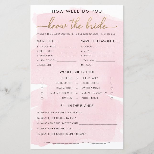Pink Watercolour Gold Know The Bride Game (Front)