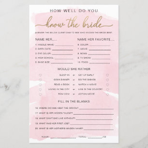 Pink Watercolour Gold Know The Bride Game