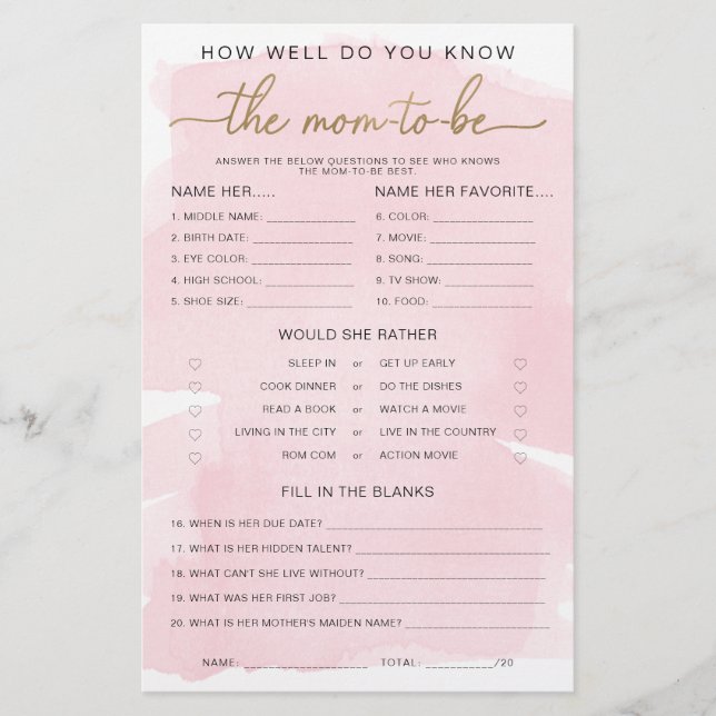 Pink Watercolour Gold Know The Mum-to-be Game (Front)