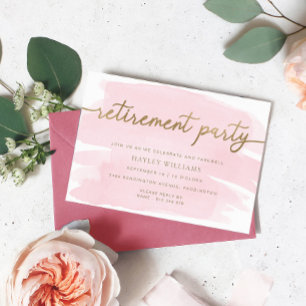 Pink Watercolour Gold Retirement Party Invitation