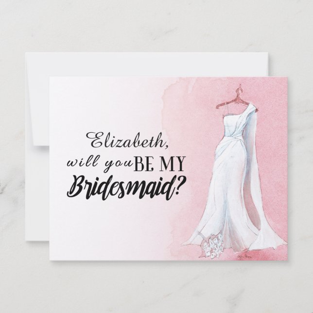 Pink Watercolour Gown "Will you be my bridesmaid" Invitation (Front)