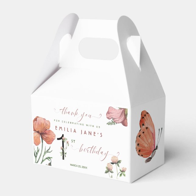 Pink Watercolour Little Poppies 1st Birthday Favour Box (Front Side)