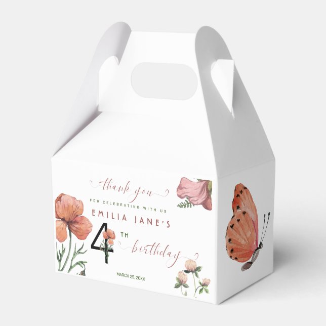 Pink Watercolour Little Poppies 4th Birthday Favour Box (Front Side)