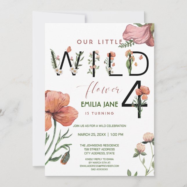 Pink Watercolour Little Poppies 4th Birthday Invitation (Front)