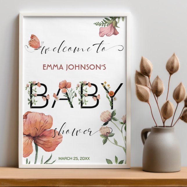 Pink Watercolour Poppies Baby Shower Welcome Poster (Creator Uploaded)