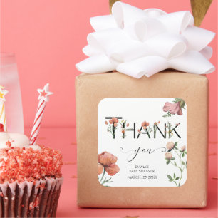 Pink Watercolour Poppies Thank You Square Sticker