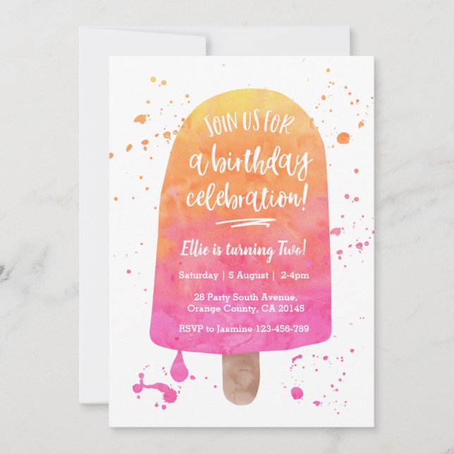 Pink Watercolour Popsicle Birthday Invitation (Front)