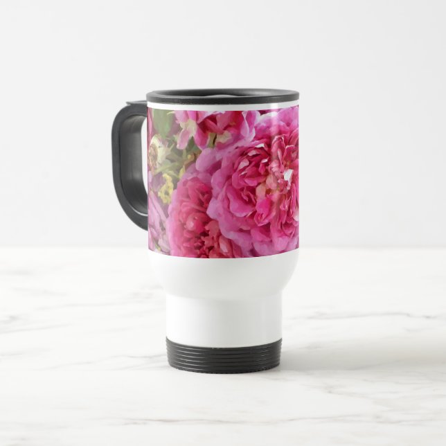 Pink Watercolour Roses Travel Mug (Front Left)