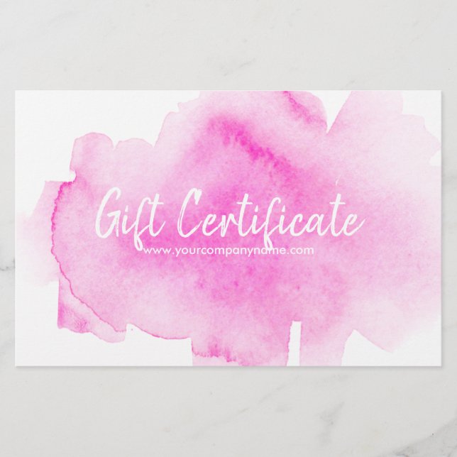 Pink Watercolour Splash Gift Certificate Stationery (Front)