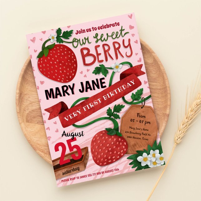 pink watercolour strawberry 1st birthday invitation (Creator Uploaded)