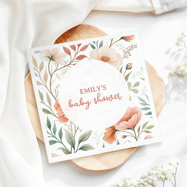 Pink Watercolour Wildflower Baby Shower Napkin (Pink watercolor boho wildflower napkin for a joyful and relaxed baby shower)