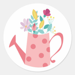 Pink watering can for flowers classic round sticker