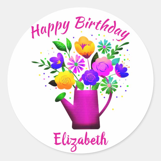Pink Watering Pot & Yellow Flower Happy Birthday Classic Round Sticker (Front)