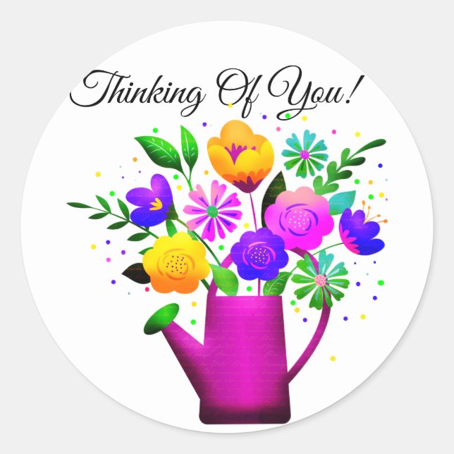 Pink Watering Pot & Yellow Pink Flowers Classic Round Sticker (Front)