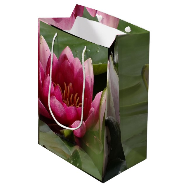 Pink waterlily medium gift bag (Front Angled)