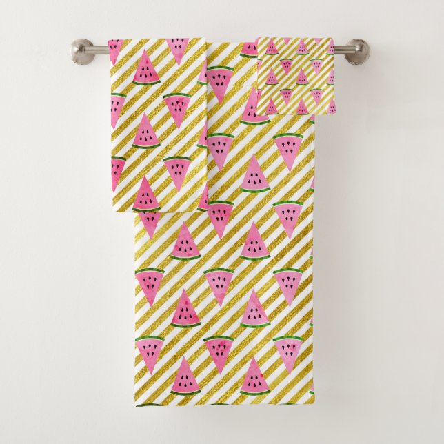 Pink Watermelon and Yellow Stripe Summer Pattern Bath Towel Set (Insitu)