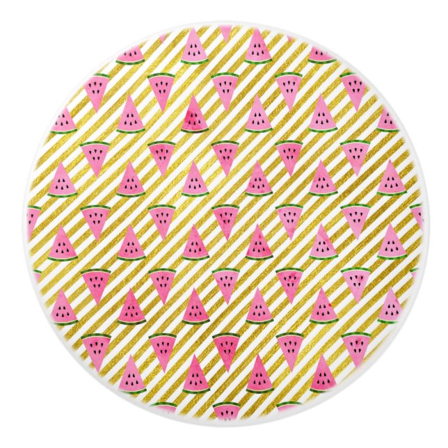 Pink Watermelon and Yellow Stripe Summer Pattern Ceramic Knob (Front)