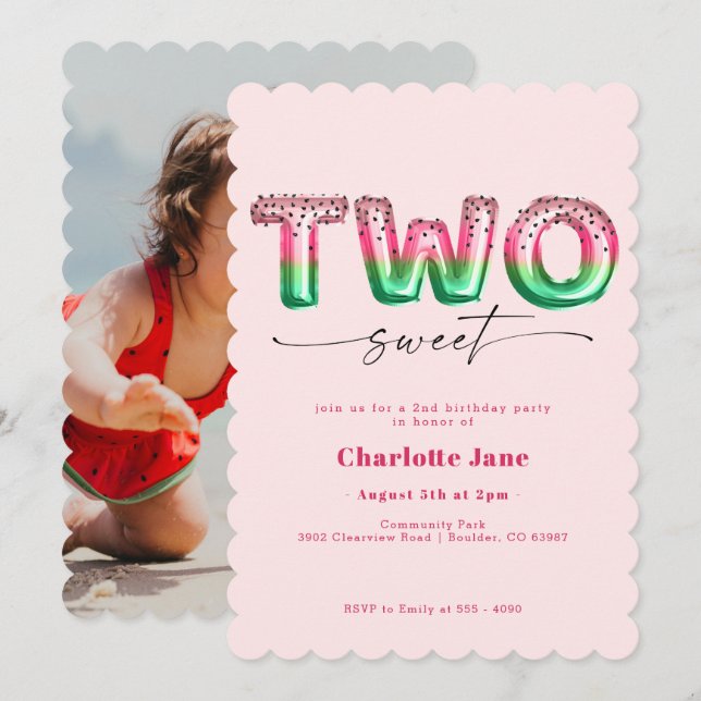 Pink Watermelon Balloon 2nd Birthday Invitation (Front/Back)