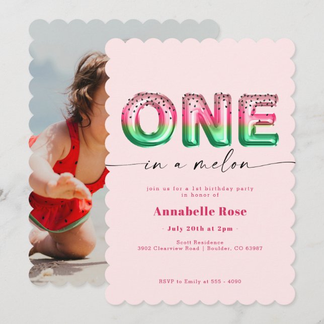 Pink Watermelon Balloon First Birthday Invitation (Front/Back)
