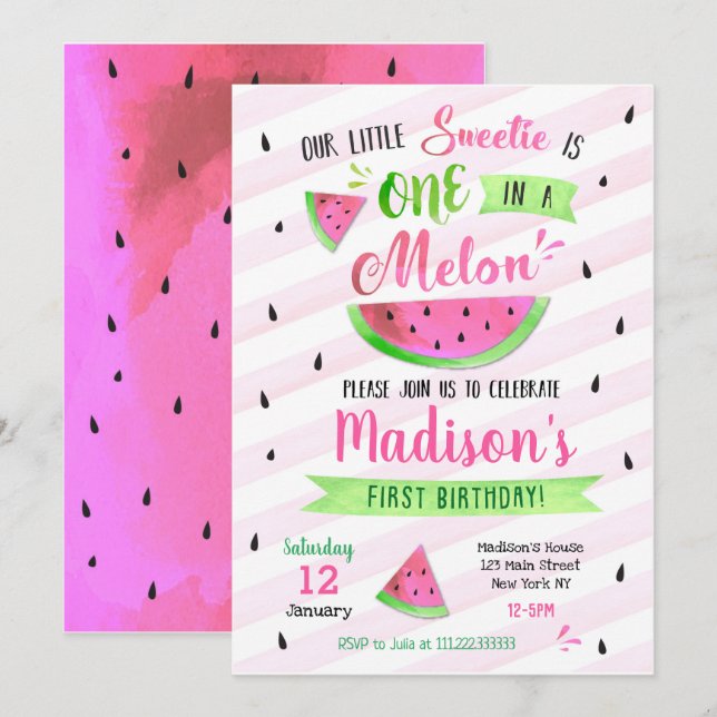 Pink Watermelon Birthday Party Invitation (Front/Back)